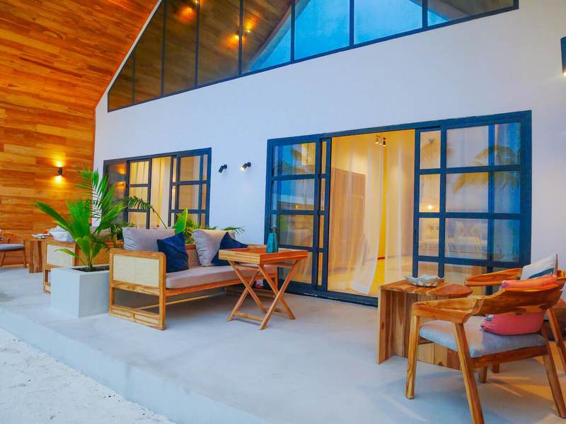 Living area with blue framed windows